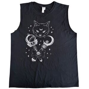 Womens Y2K Anime Cat Graphic Muscle Tee Gildan Softstyle Black Witchy Goth L
